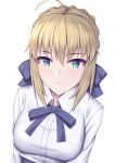  1girl absurdres ahoge artoria_pendragon_(fate) black_ribbon blonde_hair braid braided_bun breasts buttons closed_mouth collared_shirt commentary_request fate/stay_night fate_(series) green_eyes hair_between_eyes hair_bun hair_ribbon highres large_breasts looking_at_viewer neck_ribbon ohguro_mariya ribbon saber shirt simple_background single_hair_bun solo white_background white_shirt 