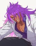  1boy 5_horulu bhima_(fate) collared_shirt colored_inner_hair dark-skinned_male dark_skin fate/grand_order fate_(series) feet_out_of_frame gradient_hair grin head_tilt highres long_hair looking_at_viewer male_focus multicolored_hair muscular muscular_male pectoral_cleavage pectorals pink_hair shirt smile solo suit unfinished violet_eyes white_suit 