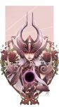  1girl absurdres bebseo belt branch claw_(weapon) elbow_gloves energy_ball fingerless_gloves flower gloves highres leaf league_of_legends long_hair looking_at_viewer magic petals purple_belt purple_gloves red_flower rose simple_background smile solo syndra upper_body violet_eyes weapon white_hair 