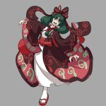  1girl alternate_costume bow dancing front_ponytail full_body geta green_eyes grey_background grey_hair hair_bow hair_ribbon highres japanese_clothes kagiyama_hina looking_at_viewer praeto ribbon smile solo touhou wide_sleeves 