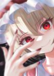  1girl blonde_hair blurry closed_mouth commentary depth_of_field flandre_scarlet hat looking_at_viewer red_eyes red_nails smile solo tofuandsoup touhou upper_body white_headwear 