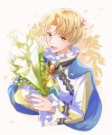  1boy alfred_(fire_emblem) blonde_hair blue_cape bouquet cape fire_emblem fire_emblem_engage green_eyes highres holding holding_bouquet long_sleeves looking_at_viewer male_focus open_mouth portrait short_hair smile solo white_background yutohiroya 
