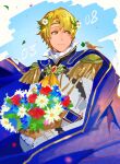  1boy alfred_(fire_emblem) bird blonde_hair blue_cape bouquet cape circlet closed_mouth fire_emblem fire_emblem_engage flower green_eyes highres holding holding_bouquet lamb_(contra_entry) long_sleeves looking_to_the_side short_hair solo 
