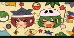  +_+ 1jumangoku 2others :3 alternate_headwear androgynous black_headwear blush_stickers children&#039;s_day closed_eyes commentary flat_color flower green_flower hand_fan head_only headwear_request highres holding japanese_flag_print katano_sukune kitsugai_sese koinobori leaf len&#039;en mount_fuji mountain multiple_others object_request open_mouth origami paper_crane pinwheel pointy_hair purple_flower red_eyes red_flower redhead sharp_teeth short_hair skull-shaped_hat smile sparkle teeth upper_teeth_only v-shaped_eyebrows wavy_hair white_background windsock 