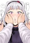  1boy 1girl ? black_hairband blurry breasts cheek_squash depth_of_field grey_hair hairband hands_on_another&#039;s_cheeks hands_on_another&#039;s_face hands_up highres idolmaster idolmaster_(classic) lips long_hair looking_at_viewer nail_polish parted_lips pink_nails pov producer_(idolmaster) shijou_takane shirt simple_background spoken_question_mark surprised tsurui violet_eyes white_background white_shirt 