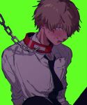  1boy black_necktie black_pants blood blood_on_clothes blood_on_face blush brown_hair chainsaw_man collar collared_shirt denji_(chainsaw_man) green_background hair_over_one_eye happa_mochii highres leash looking_at_viewer necktie pants shirt shirt_tucked_in short_hair simple_background solo sweat white_shirt 