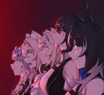  5girls animal_ear_fluff animal_ears bandaid_hair_ornament bare_shoulders baseball_cap black_background black_hair blonde_hair blood blood_on_face blue_eyes breasts colored_inner_hair commentary dasdokter dog_ears english_commentary fangs frown fuwawa_abyssgard gradient_background grey_hair hair_between_eyes hair_ornament hairband hairclip hat highres holoadvent hololive hololive_english horns koseki_bijou large_breasts long_hair mococo_abyssgard multicolored_hair multiple_girls nerissa_ravencroft open_mouth pink_eyes pink_hair profile red_background red_eyes shiori_novella simple_background smile split-color_hair streaked_hair teeth violet_eyes virtual_youtuber white_hair x_hair_ornament yellow_eyes 
