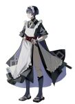  1boy alternate_costume apron black_hair blue_eyes closed_mouth crossdressing doll_joints full_body genshin_impact highres holding holding_sword holding_weapon japanese_clothes joints maid maid_headdress male_focus megumui_9 otoko_no_ko profile scaramouche_(genshin_impact) simple_background solo standing sword wa_maid weapon white_apron white_background wide_sleeves 