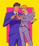  2boys absurdres blonde_hair brown_hair closed_mouth collared_shirt commentary english_commentary grey_suit hand_in_pocket highres index_fingers_together long_sleeves looking_to_the_side male_focus mob_psycho_100 multiple_boys necktie open_mouth pants pink_necktie red_necktie reigen_arataka serizawa_katsuya shirt short_hair signature simple_background standing stellalights suit yellow_background 
