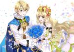  1boy 1girl absurdly_long_hair alfred_(fire_emblem) bare_shoulders blonde_hair blue_cape bouquet brother_and_sister butterfly_hair_ornament cape celine_(fire_emblem) crown dress fire_emblem fire_emblem_engage frilled_dress frilled_shirt frills hair_ornament head_wreath holding holding_bouquet kakiko210 long_hair petals shirt short_hair siblings upper_body very_long_hair white_background white_dress yellow_eyes 