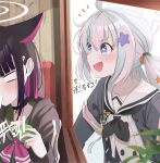  +_+ 2girls ahoge animal_ears artist_name black_choker black_hair black_hoodie black_neckerchief blue_archive blush cat_ears choker colored_inner_hair commentary_request flower food gangbyeon grey_hair grey_shirt hair_flower hair_ornament hairclip halo hand_up highres holding holding_food hood hood_down hoodie kazusa_(blue_archive) korean_commentary long_hair long_sleeves looking_at_another low_twintails multicolored_hair multiple_girls neckerchief notice_lines open_mouth pink_hair pink_neckerchief reisa_(blue_archive) shirt short_hair sidelocks spilling translation_request twintails two-tone_hair 