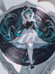  1girl absurdly_long_hair absurdres aqua_eyes aqua_hair arms_up black_footwear chinese_commentary closed_mouth commentary_request dress elbow_gloves flower full_body gloves hatsune_miku high_heels highres holding holding_flower long_hair looking_at_viewer lying miku_symphony_(vocaloid) on_back pleated_dress red_flower red_rose rose smile solo thigh-highs very_long_hair vocaloid white_dress white_gloves white_thighhighs zhenxiao 