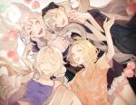  4girls ahoge animal_ears bangs_pinned_back blonde_hair closed_eyes collared_shirt enna_alouette ethyria fox_ears gradient_hair grey_hair highres long_hair low_twintails millie_parfait morimori_(morimori6989) multicolored_hair multiple_girls nijisanji nijisanji_en nina_kosaka open_mouth orange_shirt red_nails reimu_endou shirt short_hair short_sleeves smile tank_top twintails 