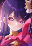  +_+ 1girl blurry closed_mouth commentary_request depth_of_field gloves hair_ornament hand_on_own_chest highres hoshino_ai_(oshi_no_ko) long_hair looking_at_viewer oshi_no_ko pink_gloves pointing pointing_at_viewer portrait purple_hair rabbit_hair_ornament shinshia_(sinsia_0928) smile solo star_(symbol) star_hair_ornament straight-on violet_eyes 