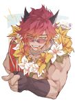  1boy animal_ears artist_name bebseo black_gloves fangs fingerless_gloves flower flower_neckwear gloves hair_between_eyes highres leaf league_of_legends looking_at_viewer male_focus muscular muscular_male pointing pool_party_sett red-tinted_eyewear redhead sett_(league_of_legends) short_hair simple_background solo sunglasses tinted_eyewear upper_body white_background white_flower yellow_eyes yellow_flower 