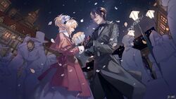  1boy 1girl belt black_bow black_coat black_gloves black_hair blonde_hair blue_eyes bouquet bow building city coat crowd dairoku_ryouhei earrings flower gift giving gloves hair_between_eyes hair_bow hair_flower hair_ornament hat highres holding holding_bouquet holding_gift jewelry lamppost night open_mouth outdoors petals pink_coat pointy_ears sio_(kurara) snowflake_print stud_earrings top_hat yellow_eyes 