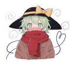  1girl @_@ absurdres black_headwear blush bow brown_jacket cropped_torso ear_blush green_eyes green_hair hair_between_eyes haramaki_(haranomaki) hat hat_bow heart heart_of_string highres jacket komeiji_koishi long_sleeves looking_at_viewer nose_blush red_scarf scarf short_hair simple_background solo sweat touhou upper_body white_background yellow_bow 