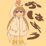  1girl alternate_costume blush_stickers brown_hair chicken_costume collarbone commentary_request fake_claws fake_tail full_body haiku_kit half-closed_eyes highres hood hood_up long_sleeves looking_at_viewer low_twintails open_mouth paw_shoes raised_eyebrows simple_background smile solo standing tail translation_request tsukuyomi_ai twintails violet_eyes voiceroid wide_sleeves yellow_background 