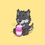  1boy animal_ears animal_hands ascot blue_ascot blush chibi closed_eyes cup drinking drinking_straw english_text furry furry_male fwflunky highres male_focus original simple_background solo sound_effects wolf_boy wolf_ears yellow_background 