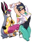  2girls absurdres animal_ears arms_up black_footwear black_hair black_leotard bongfill breasts eyewear_on_head green_pants grey_hair highres large_breasts leotard long_hair looking_at_viewer mole mole_under_eye multiple_girls one_eye_closed original pants pants_under_leotard rabbit_ears rabbit_girl rabbit_tail shoes short_hair simple_background small_breasts sneakers sunglasses tail tank_(bongfill) tinted_eyewear tomboy violet_eyes white-framed_eyewear white_background yellow-tinted_eyewear yellow_leotard 