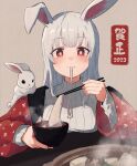  1girl 2023 absurdres animal_ears bowl breasts chinese_zodiac chopsticks eating food grey_background grey_hair hanten_(clothes) haramaki_(haranomaki) highres holding holding_bowl holding_chopsticks japanese_clothes large_breasts long_hair long_sleeves looking_at_viewer new_year original rabbit rabbit_ears rabbit_girl red_eyes ribbed_sweater simple_background solo steam sweater turtleneck turtleneck_sweater white_sweater year_of_the_rabbit 