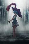  1girl blue_eyes blue_hair blue_skirt blue_vest blurry blurry_background closed_mouth commentary forest full_body heterochromia highres holding holding_umbrella i-coat looking_at_viewer nature outdoors purple_umbrella rain red_eyes shirt short_hair short_sleeves skirt solo standing tatara_kogasa touhou umbrella vest white_shirt 