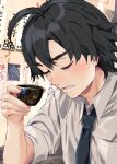  1boy ahoge black_hair black_necktie blush clenched_teeth closed_eyes collared_shirt cup elbow_rest highres hikigaya_hachiman holding holding_cup indoors necktie parted_lips ponkan_8 profile sakazuki shirt short_hair solo teeth upper_body white_shirt yahari_ore_no_seishun_lovecome_wa_machigatteiru. 