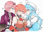  3girls absurdres ahoge bare_shoulders blue_hair blush elf hair_ribbon hairband head_wings heart heart_ahoge heterochromia highres hololive houshou_marine houshou_marine_(1st_costume) jacket leotard long_hair long_sleeves multiple_girls ohagi_0909 open_mouth pink_hair pointy_ears red_eyes red_jacket ribbon shaded_face shirt short_hair sleeveless sweat takane_lui takane_lui_(1st_costume) twintails virtual_youtuber white_shirt wings yellow_eyes yukihana_lamy 