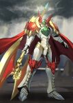  armor armored_boots axe bakeneko38 boots breastplate cape character_request clouds cloudy_sky digimon digimon_(creature) full_armor helm helmet highres holding holding_axe holding_weapon no_humans outdoors red_cape shoulder_plates sky solo standing weapon winged_helmet 