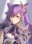  1girl absurdres black_gloves cat chinese_commentary choker closed_mouth commentary_request cone_hair_bun fan_qing finger_to_own_chin flower frown genshin_impact gloves hair_between_eyes hair_bun hair_flower hair_ornament hand_up highres keqing_(genshin_impact) looking_at_viewer purple_choker purple_hair shirt sleeveless sleeveless_shirt solo tassel twintails upper_body violet_eyes white_shirt 