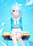  1girl absurdres arona_(blue_archive) blue_archive blue_eyes blue_hair blue_halo blue_shirt blush bow braid choker colored_inner_hair commentary_request desk feet_out_of_frame glow_(user_hnpv7785) hair_over_one_eye hair_ribbon halo highres korean_commentary looking_at_viewer midriff_peek multicolored_hair on_table open_mouth pink_hair pleated_skirt ribbon sailor_collar school_desk shirt side_braid sitting skirt smile solo table teeth upper_teeth_only white_bow white_choker white_ribbon white_sailor_collar white_skirt 