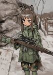  1girl absurdres animal_ears battle_rifle black_gloves brown_eyes brown_hair camouflage chain-link_fence fence fox_ears fox_girl gloves green_hoodie gun highres hood hoodie m14 original ponytail rifle scope sketch sling snow solo underwear weapon woodland_camouflage yihan_world 