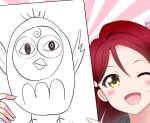  1girl aida_rikako birthday blush commentary highres holding_drawing looking_at_viewer love_live! love_live!_sunshine!! real_life redhead sakurauchi_riko smile solo upper_body voice_actor_connection yellow_eyes zero-theme 