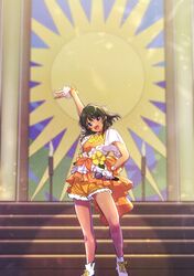  1girl arm_up bintaptyo black_hair dark-skinned_female dark_skin dress frilled_dress frills hand_on_own_hip holding holding_microphone idol idol_clothes idolmaster idolmaster_cinderella_girls microphone natalia_(idolmaster) open_mouth short_hair shorts shorts_under_dress smile solo stage violet_eyes 