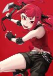  1girl axe belt_buckle blurry buckle cz75_(girls&#039;_frontline) depth_of_field elbow_pads fingerless_gloves girls_frontline gloves hair_ornament hairclip highres holding holding_axe looking_at_viewer nakiusagi navel open_mouth red_background red_theme redhead shorts simple_background solo teeth tongue tsurime twintails weapon 