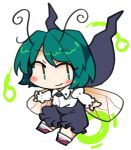  1girl antennae black_shorts blush closed_mouth collared_shirt full_body green_eyes green_hair ini_(inunabe00) insect_wings long_sleeves shirt short_hair shorts smile socks solo touhou white_shirt white_socks wings wriggle_nightbug 