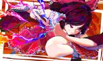  &gt;:) 1girl black_footwear black_hair bow closed_mouth detached_sleeves dutch_angle frilled_bow frilled_hair_tubes frilled_skirt frills full_body hair_bow hair_tubes hakurei_reimu highres long_hair looking_to_the_side mary_janes multicolored_background ofuda polka_dot polka_dot_background red_bow red_eyes red_skirt red_vest ribbon-trimmed_sleeves ribbon_trim shoes sidelocks skirt smile smirk socks solo squatting talisman touhou v-shaped_eyebrows vest white_sleeves white_socks wide_sleeves yuara 