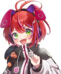  1girl :d akane_canna akane_canna_(2nd_costume) animal_ear_headphones animal_ears antenna_hair black_coat blush coat commentary_request dog fake_animal_ears fang green_eyes hair_between_eyes headphones holding_mahjong_tile long_sleeves looking_at_viewer mahjong mahjong_tile medium_bangs multicolored_hair nanashi_inc. open_mouth purple_hair redhead reona_kfc02 short_hair simple_background smile solo streaked_hair transparent_background two-tone_coat two-tone_hair upper_body white_coat wing_hair_ornament zipper 