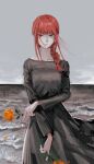  1girl beach black_dress chainsaw_man dress flower grey_sky hair_over_shoulder highres holding holding_flower kamo_(kamonegioisi) looking_at_viewer makima_(chainsaw_man) medium_hair red_flower red_rose redhead ringed_eyes rose shore side_ponytail sidelocks sky solo water yellow_eyes 