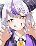  1girl ascot blush braid claw_pose collared_shirt commentary demon_horns fangs fingernails grey_hair grin hair_between_eyes half-closed_eyes highres hololive horns la+_darknesss la+_darknesss_(1st_costume) long_hair looking_at_viewer manicure multicolored_hair nail_polish pointy_ears purple_hair purple_nails shirt shoui simple_background smile solo straight-on streaked_hair striped_horns teeth upper_body virtual_youtuber white_background white_shirt yellow_ascot yellow_eyes 