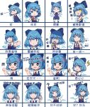  1girl ? absurdres angry blue_bow blue_dress blue_eyes blue_hair bow cirno closed_mouth detached_wings dress eating emoji expression_chart gaanzi hands_on_own_hips head_tilt highres ice ice_wings index_finger_raised neck_ribbon open_mouth pinafore_dress puffy_short_sleeves puffy_sleeves red_ribbon ribbon shirt short_sleeves simple_background sleeveless sleeveless_dress teeth thumbs_up touhou triangle_mouth white_background white_shirt wings 