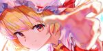  1girl ascot blonde_hair bloom blurry blurry_foreground close-up closed_mouth collared_shirt crystal flandre_scarlet frilled_shirt_collar frills hat hat_ribbon highres looking_at_viewer mob_cap reaching reaching_towards_viewer red_eyes red_ribbon red_vest ribbon shirt short_hair smile solo touhou vest white_headwear white_shirt wings yellow_ascot yuara 