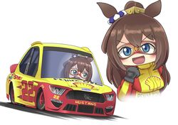  1girl absurdres animal_ears black_gloves blue_eyes breasts brown_hair car chibi clenched_hand crossover domino_mask driving el_condor_pasa_(umamusume) ford ford_mustang gloves highres horse_ears horse_girl jacket long_hair looking_at_viewer looking_to_the_side mask medium_breasts motor_vehicle nascar pennzoil race_vehicle racecar racing_suit red_jacket sakusan_(ss-awesome) scrunchie shell_(company) smile umamusume vehicle_focus white_background 