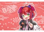  1girl :d akane_canna akane_canna_(2nd_costume) animal_ear_headphones animal_ears antenna_hair black_coat blush coat commentary_request dog fake_animal_ears fang green_eyes hair_between_eyes headphones highres holding_mahjong_tile letterboxed long_sleeves looking_at_viewer mahjong mahjong_tile medium_bangs multicolored_hair nanashi_inc. open_mouth outline purple_hair redhead reona_kfc02 short_hair smile solo streaked_hair two-tone_coat two-tone_hair upper_body white_coat white_outline wing_hair_ornament zipper 