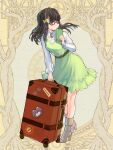  1girl belt black_hair blue_eyes book boots bow brooch dairoku_ryouhei dress glasses green_dress hair_bow holding holding_book jewelry kishiba_yuusuke long_hair long_sleeves looking_to_the_side red-framed_eyewear rolling_suitcase solo standing sticker suitcase 