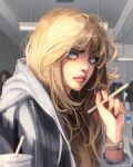  1girl annoyed brown_hair brown_shirt cup disposable_cup drinking_straw english_commentary grey_eyes grey_hoodie highres holding holding_pencil hood hood_down hoodie long_hair looking_at_viewer lotus_bubble original parted_lips pencil photo-referenced portrait shirt solo watch watch 
