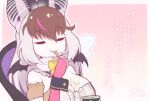  1girl animal_ears bat_ears bat_girl bat_wings brown_hair brown_long-eared_bat_(kemono_friends) closed_eyes elbow_gloves extra_ears fingerless_gloves food gloves grey_hair ice_cream kemono_friends kemono_friends_v_project kitsunetsuki_itsuki leotard long_hair microphone pink_background simple_background solo virtual_youtuber wings 