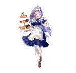  1girl absurdres apron breasts cake cake_slice commentary_request cup detached_collar dress fire_emblem fire_emblem:_genealogy_of_the_holy_war fire_emblem_heroes floating floating_object food frilled_dress frills fruit full_body highres holding holding_cup long_dress long_hair looking_at_viewer macaron maid maid_headdress medium_breasts official_art open_mouth pantyhose pastry ponytail puffy_short_sleeves puffy_sleeves purple_hair shoes short_sleeves sidelocks smile solo strawberry tailtiu_(fire_emblem) tailtiu_(tea_party)_(fire_emblem) teacup tiered_tray urata_asao violet_eyes white_background 