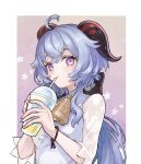  1girl ahoge bell black_bow blue_hair blush bow cowbell cup disposable_cup drinking drinking_straw fingernails ganyu_(genshin_impact) ganyu_(heytea)_(genshin_impact) genshin_impact goat_horns hair_between_eyes hair_bow highres holding holding_cup horns long_hair looking_at_viewer mozu_(teluto) neck_bell official_alternate_costume ponytail red_horns sidelocks solo very_long_hair violet_eyes 