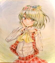  absurdres ascot checkered_clothes checkered_skirt checkered_vest colored_pencil_(medium) flower green_eyes hair_flower hair_ornament hand_on_own_cheek hand_on_own_face highres kazami_yuuka long_sleeves medium_hair orange_eyes orya_422 red_skirt red_vest shirt skirt skirt_set smile touhou traditional_media vest white_shirt yellow_ascot 